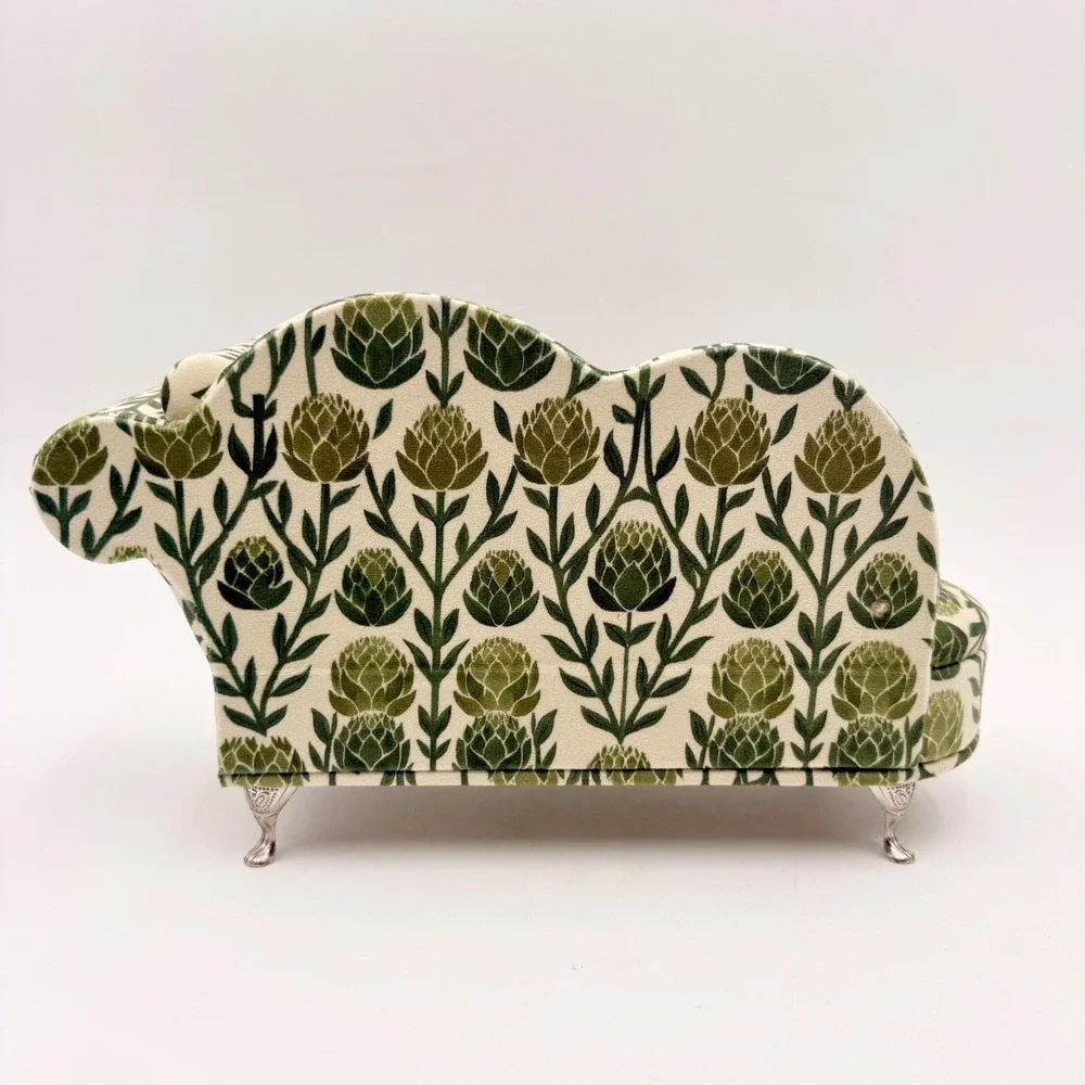 Vintage Style Mini Chaise Lounge Jewelry Box Green Artichoke Botanical Print